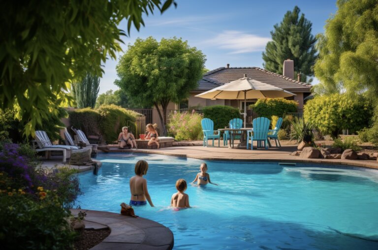family enjoying Phoenix summer-time in pool