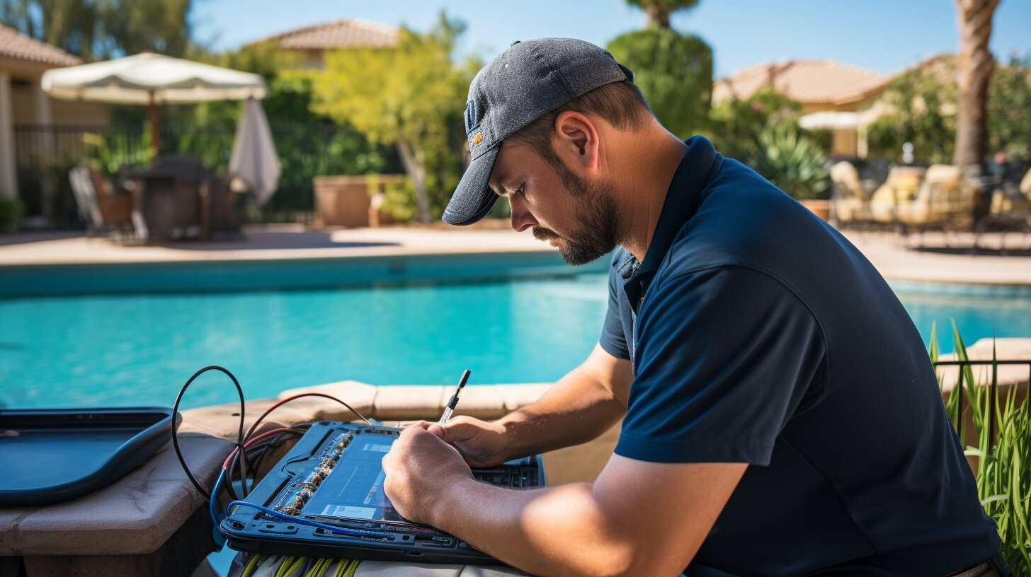 pool service technician working on pool equipment