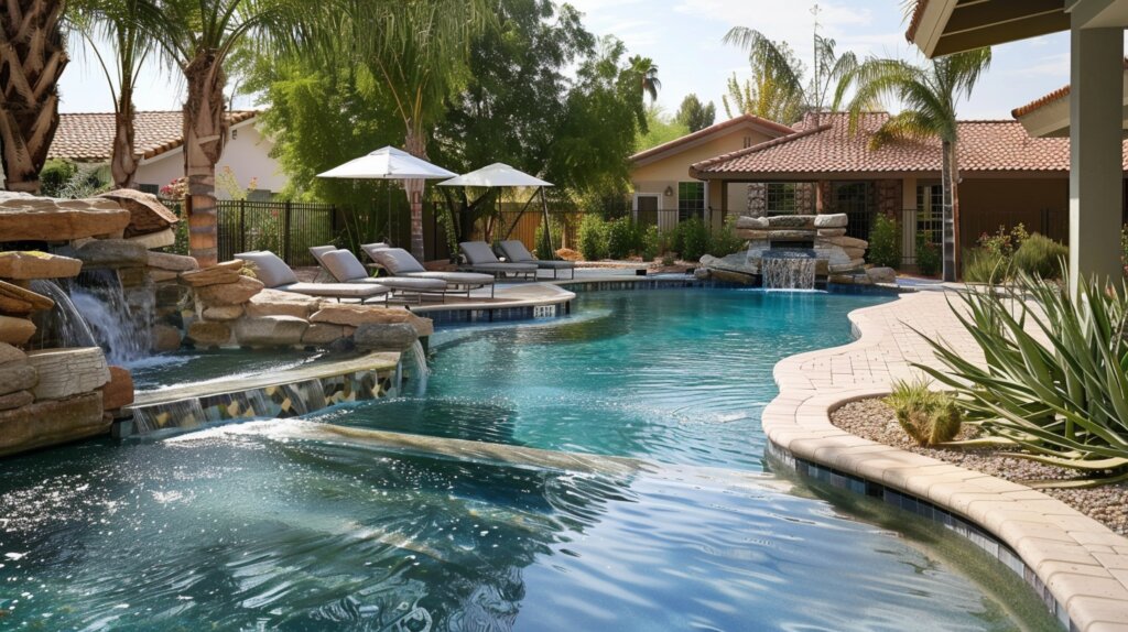 Clean pool tile line on a backyard pool in Glendale, AZ