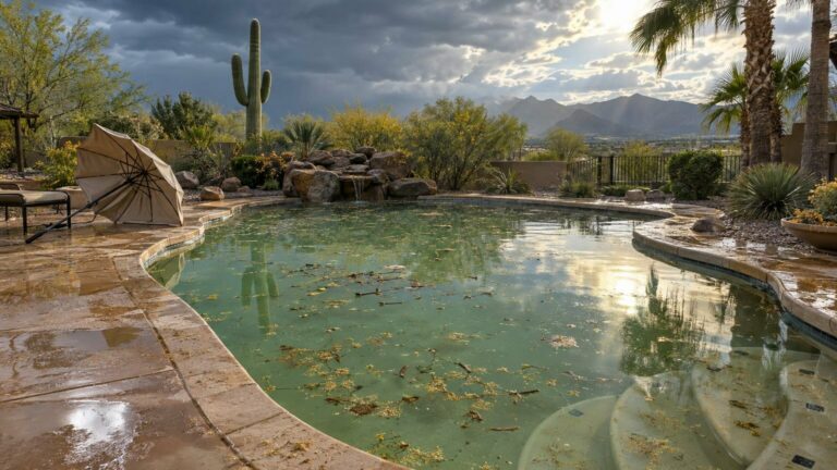 Green, cloudy backyard pool full of leaves and debris after a monsoon storm in Arizona