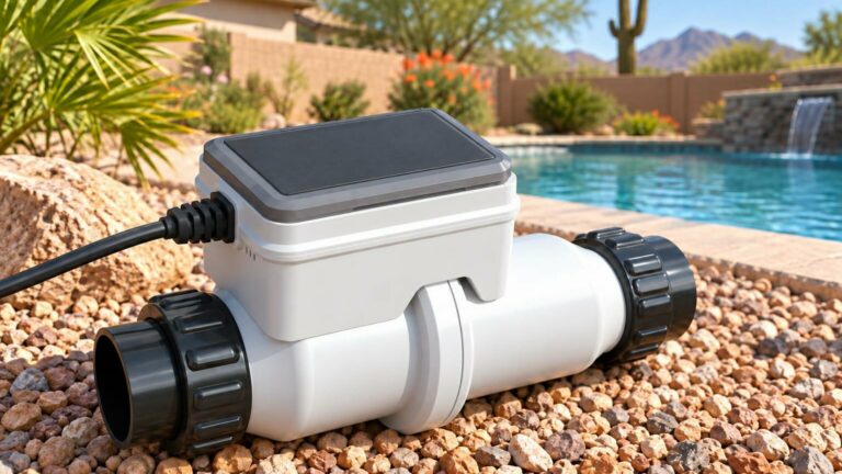 Salt chlorine cell next to a backyard pool in Arizona