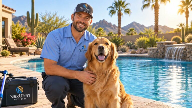 NextGen Pool Care service tech kneeling beside a happy golden retriever next to a backyard pool in Arizona